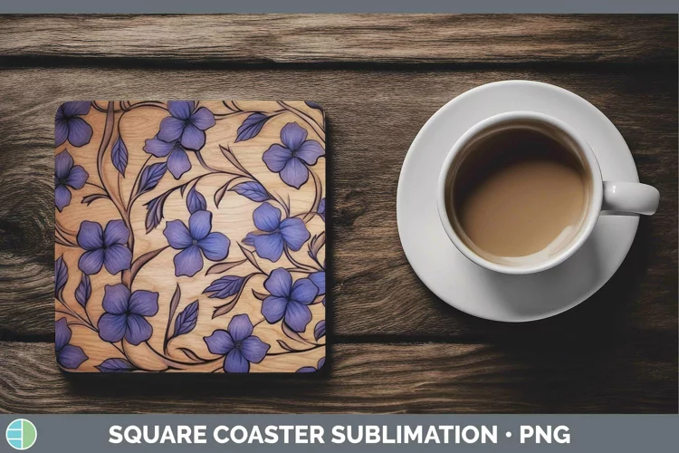 Wood Burned Flowers Periwinkle Square Coaster Sublimation Co