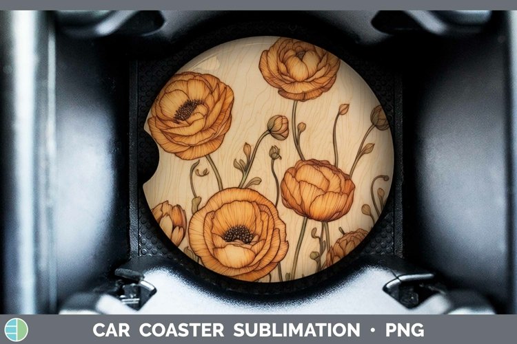 Wood Burned Flowers Ranunculus Car Coaster Sublimation Coast