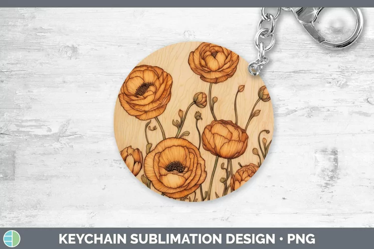 Wood Burned Flowers Ranunculus Keychain Sublimation Keyring