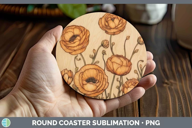 Wood Burned Flowers Ranunculus Round Coaster Sublimation Coa