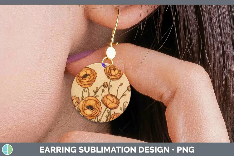 Wood Burned Flowers Ranunculus Round Earrings Sublimation Ea