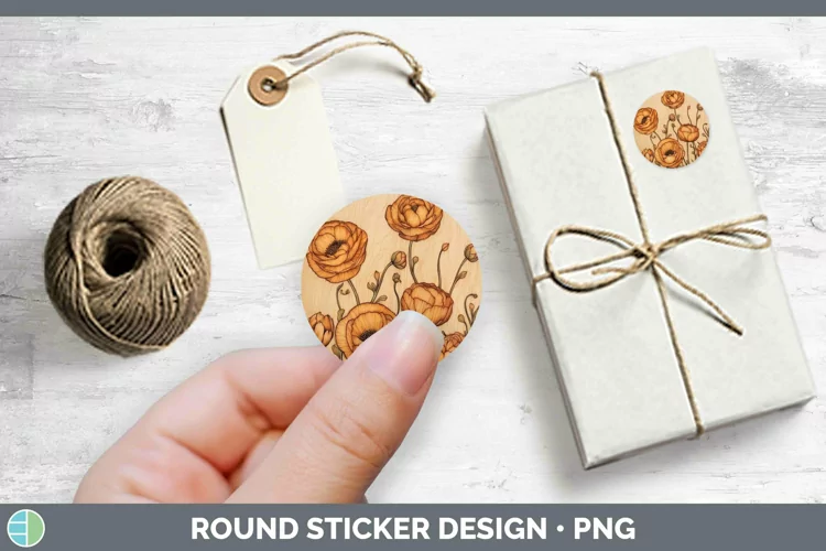 Wood Burned Flowers Ranunculus Stickers | Round Labels Desig