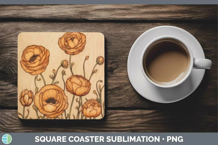 Wood Burned Flowers Ranunculus Square Coaster Sublimation Co
