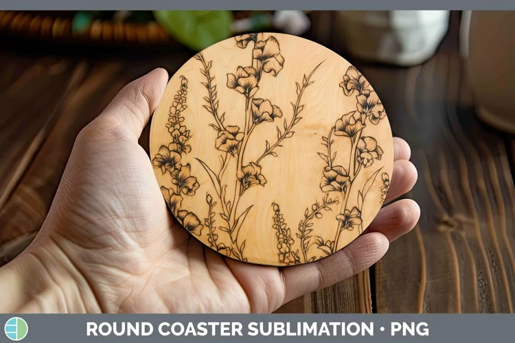 Wood Burned Flowers Snapdragon Round Coaster Sublimation Coa