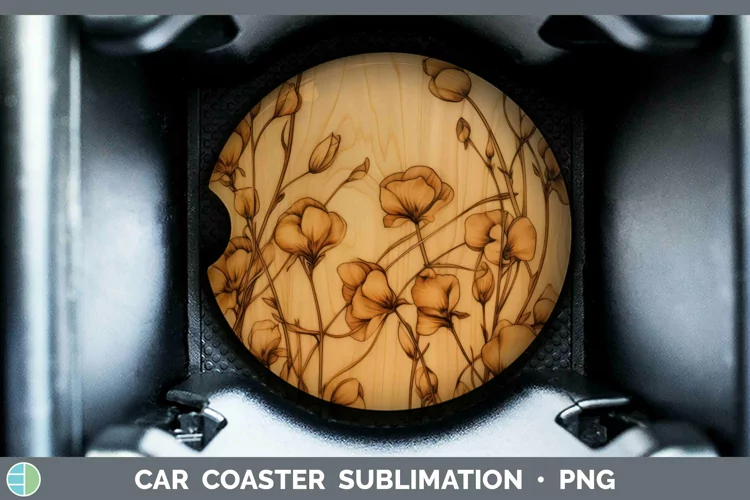Wood Burned Flowers Sweet Pea Car Coaster Sublimation Coaste