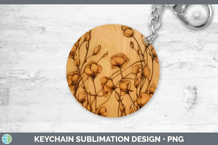 Wood Burned Flowers Sweet Pea Keychain Sublimation Keyring D