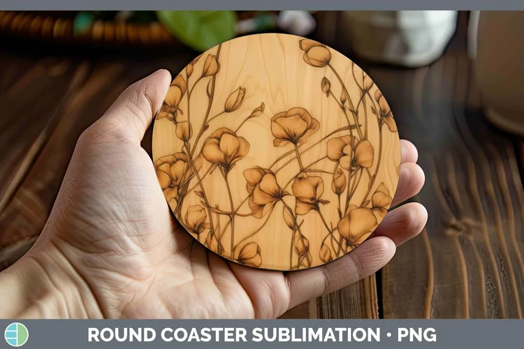 Wood Burned Flowers Sweet Pea Round Coaster Sublimation Coas