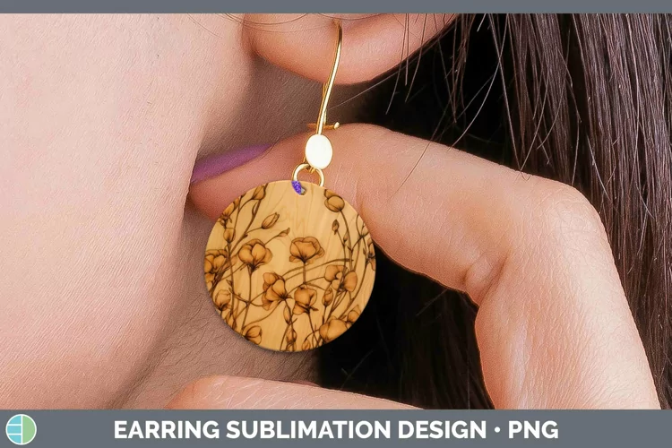 Wood Burned Flowers Sweet Pea Round Earrings Sublimation Ear