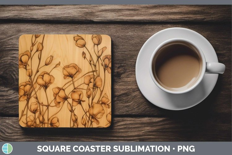 Wood Burned Flowers Sweet Pea Square Coaster Sublimation Coa
