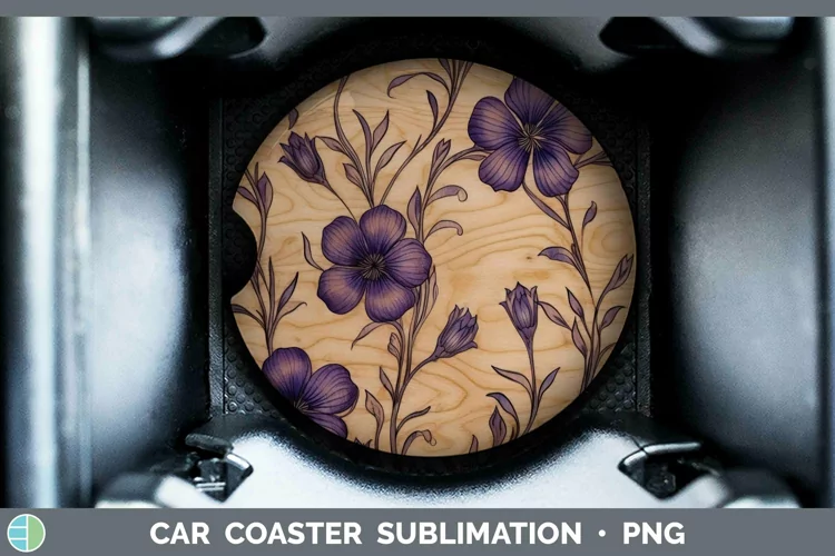 Wood Burned Flowers Violet Car Coaster Sublimation Coaster D