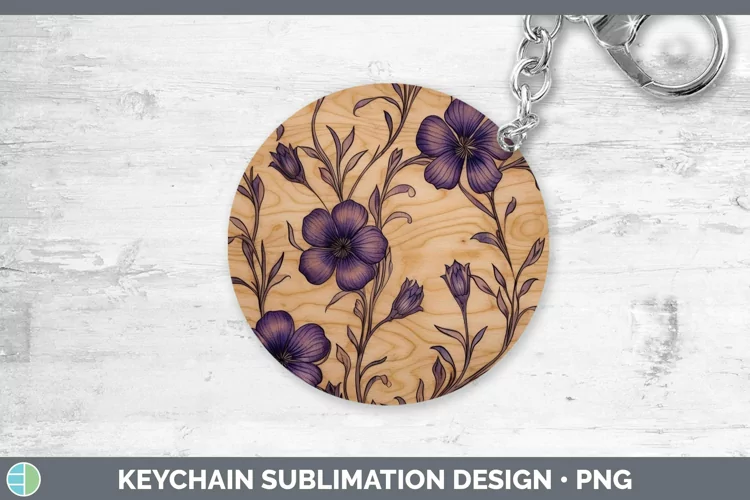 Wood Burned Flowers Violet Keychain Sublimation Keyring Desi