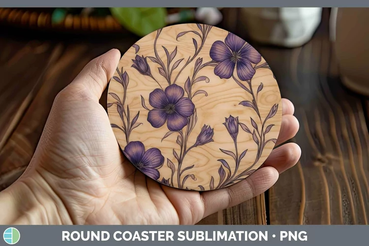 Wood Burned Flowers Violet Round Coaster Sublimation Coaster