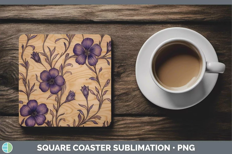 Wood Burned Flowers Violet Square Coaster Sublimation Coaste