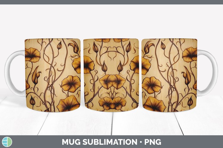 Wood Burned Morning Glory Flowers Mug Wrap | Sublimation Cof example image 1