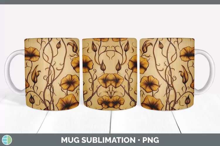 Wood Burned Morning Glory Flowers Mug Wrap | Sublimation Cof