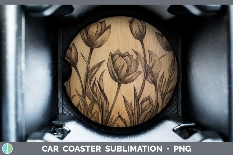 Wood Burned Flowers Tulip Car Coaster Sublimation Coaster De example image 1
