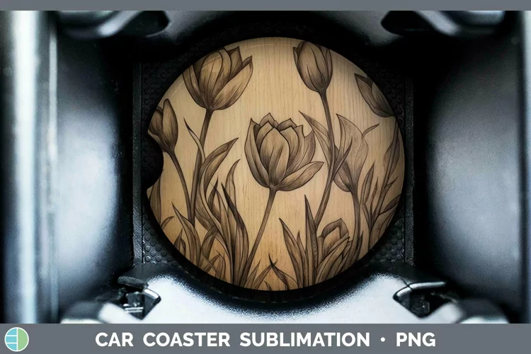 Wood Burned Flowers Tulip Car Coaster Sublimation Coaster De