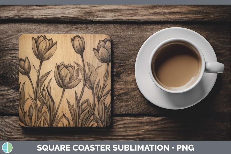 Wood Burned Flowers Tulip Square Coaster Sublimation Coaster example image 1