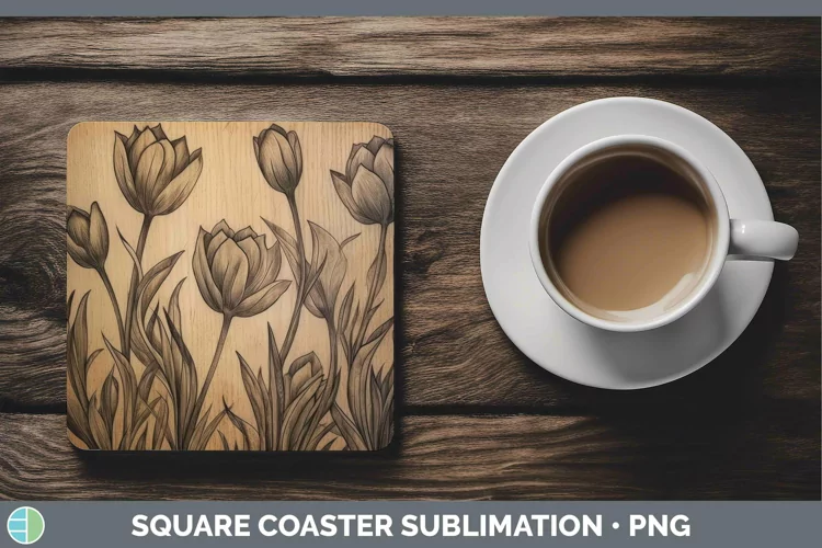 Wood Burned Flowers Tulip Square Coaster Sublimation Coaster
