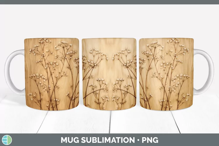 Wood Burned Babys Breath Flowers Mug Wrap | Sublimation Coff