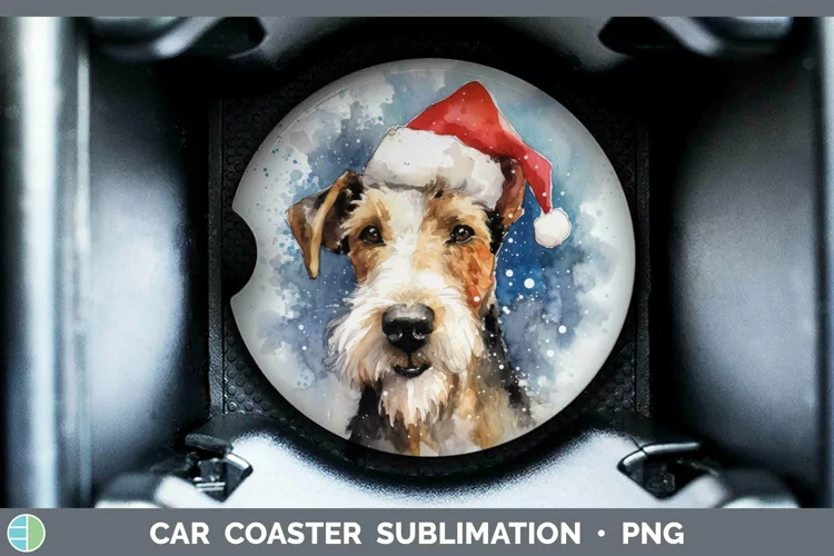 Santa Hat Fox Terrier Dog Car Coaster Sublimation Coaster De