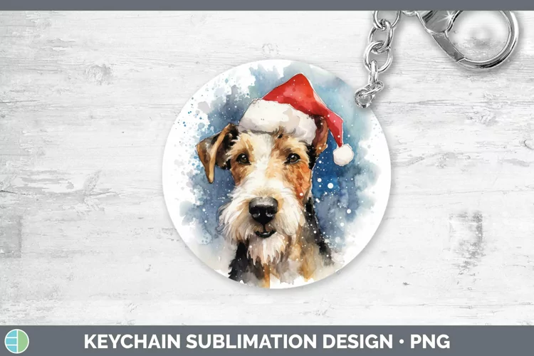 Santa Hat Fox Terrier Dog Keychain Sublimation Keyring Desig