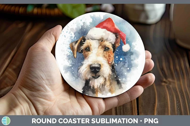 Santa Hat Fox Terrier Dog Round Coaster Sublimation Coaster