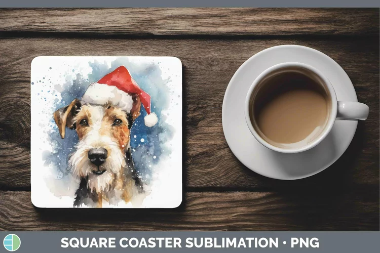 Santa Hat Fox Terrier Dog Square Coaster Sublimation Coaster