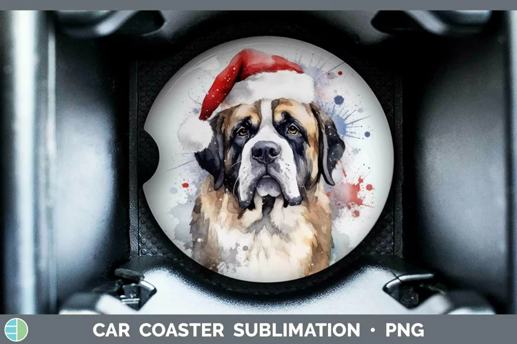 Santa Hat Saint Bernard Car Coaster Sublimation Coaster Desi