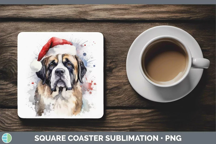 Santa Hat Saint Bernard Square Coaster Sublimation Coaster D