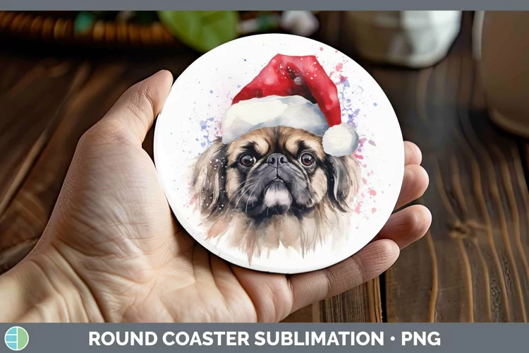 Dog Santa Hat Pekingese Round Coaster Sublimation Coaster De