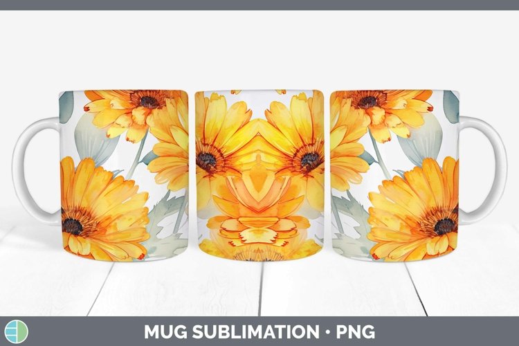 Watercolor Flowers Calendula Mug Wrap Sublimation Coffee Cup