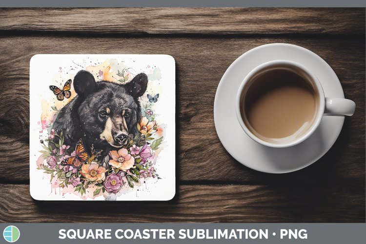 Watercolor Black Bear Square Coaster Sublimation Coaster Des example image 1
