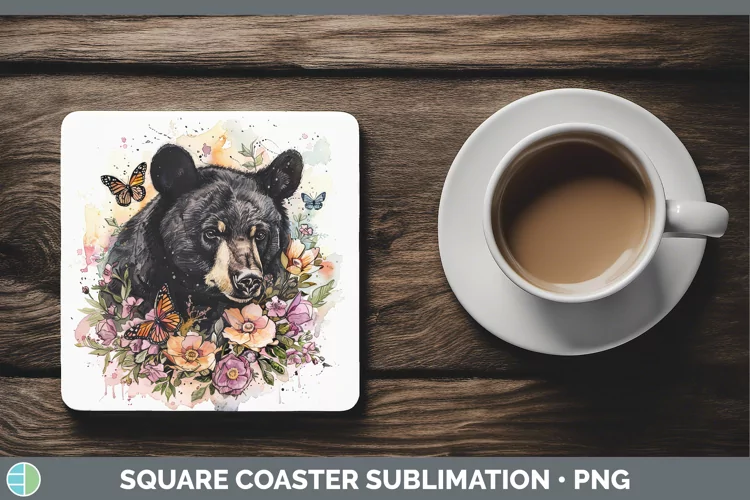 Watercolor Black Bear Square Coaster Sublimation Coaster Des