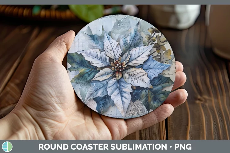 Vintage Blue Christmas Poinsettia Round Coaster Sublimation