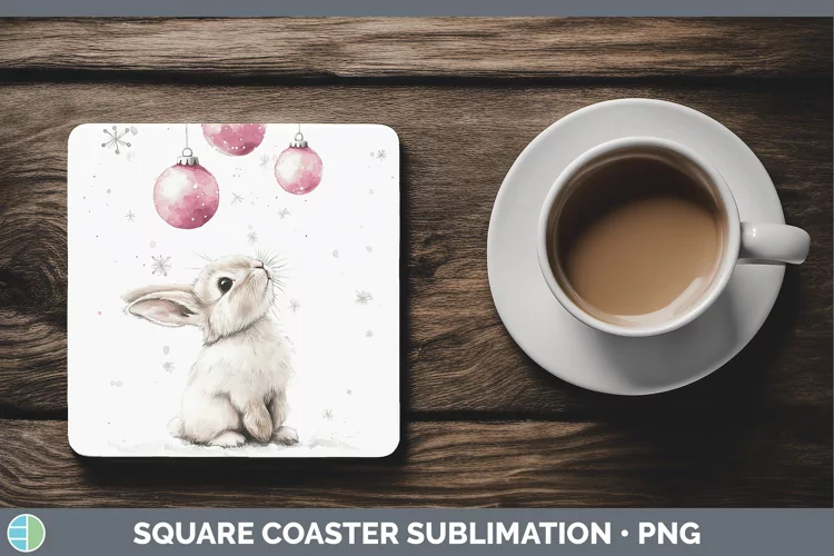 Pink Christmas Snowshoe Hare Square Coaster Sublimation Coas