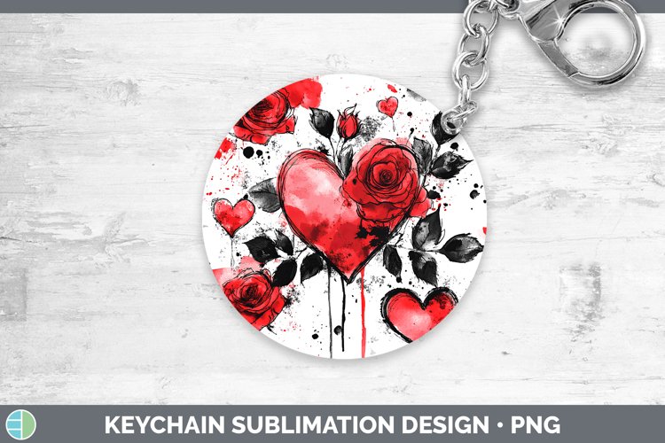 Splash Valentine Red Hearts Flowers Keychain Sublimation Key example image 1