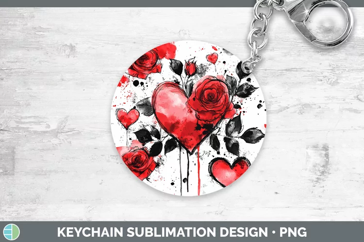 Splash Valentine Red Hearts Flowers Keychain Sublimation Key