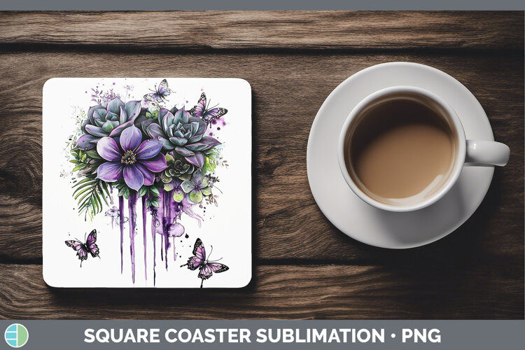 Purple Drips Succulents Square Coaster Sublimation Coaster D example image 1
