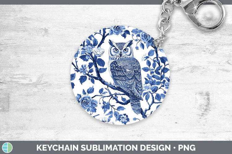 Blue Chinoiserie Birds Owl Keychain Sublimation Keyring Desi example image 1