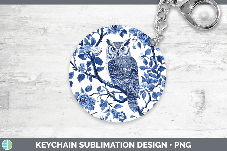 Blue Chinoiserie Birds Owl Keychain Sublimation Keyring Desi