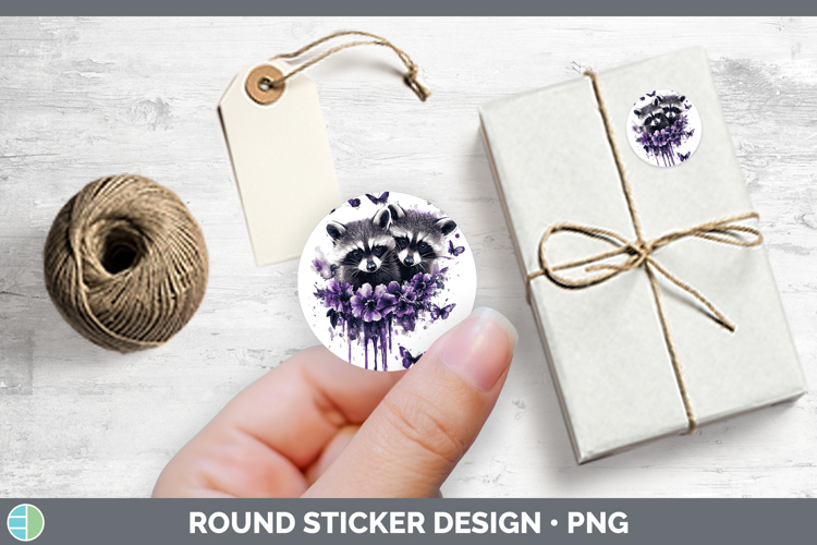 Woodland Purple Drips Raccoon Stickers | Round Labels Design