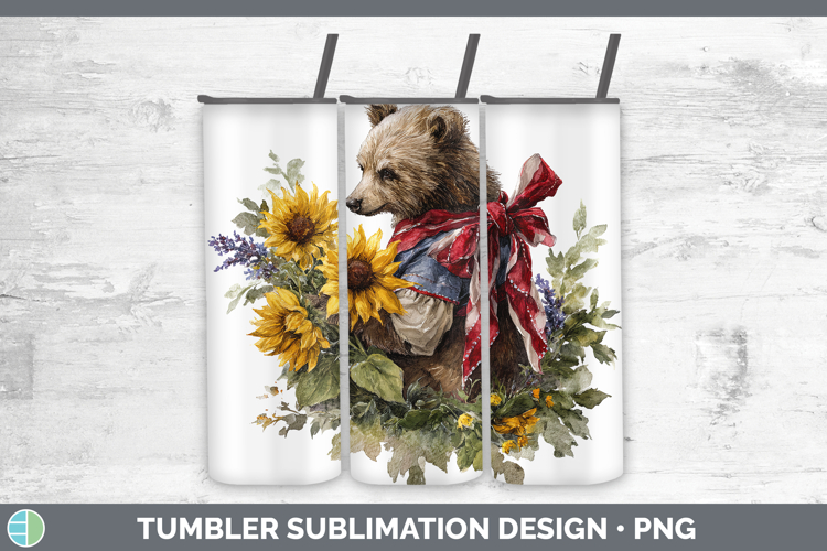 Animals Sunflower Patriotic Bear Tumbler Sublimation 20 oz S