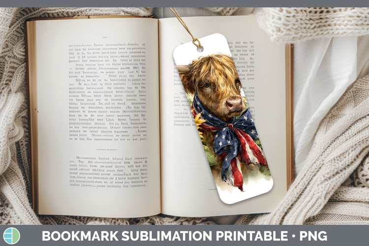 Animals Sunflower Patriotic Highland Cow Bookmark Sublimatio