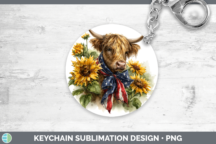 Animals Sunflower Patriotic Highland Cow Keychain Sublimatio
