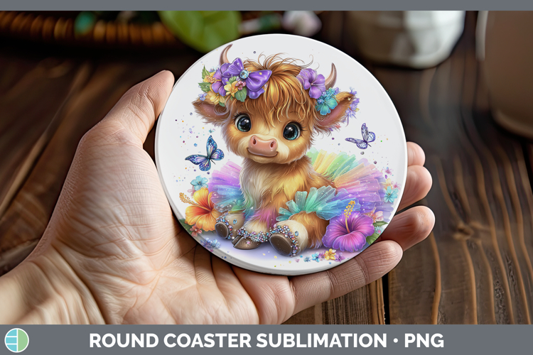 Animals Rainbow Summer Highland Cow Round Coaster Sublimatio