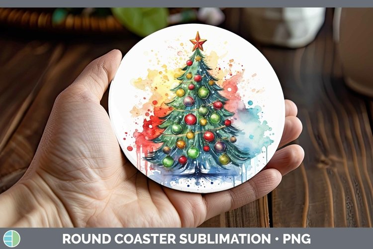 Watercolor Christmas Cmas Tree Round Coaster Sublimation Coa