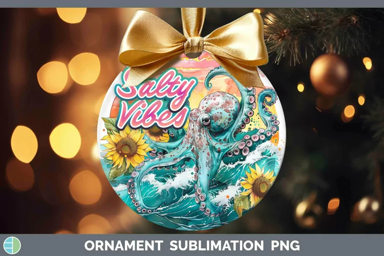 Watercolor Salty Vibes Octopus Ornament Sublimation Bauble D