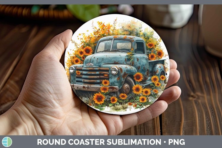 Autumn Boho Vintage Truck Round Coaster Sublimation Coaster