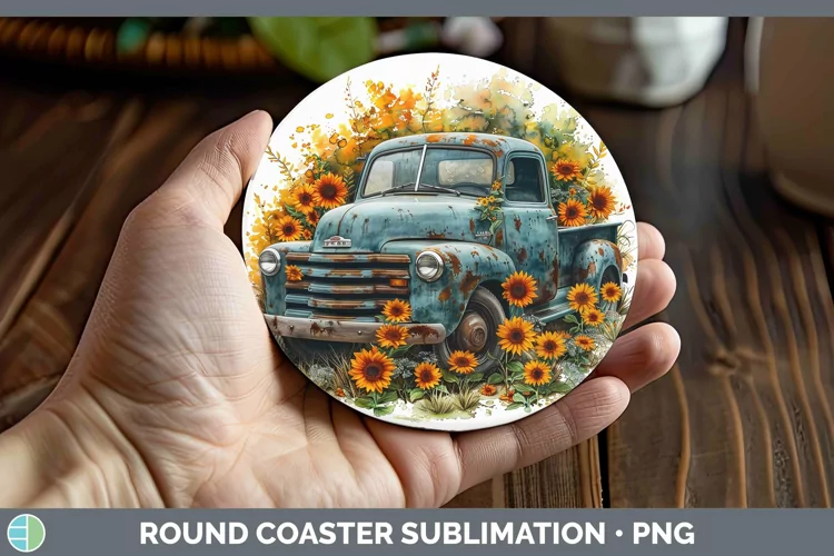 Autumn Boho Vintage Truck Round Coaster Sublimation Coaster